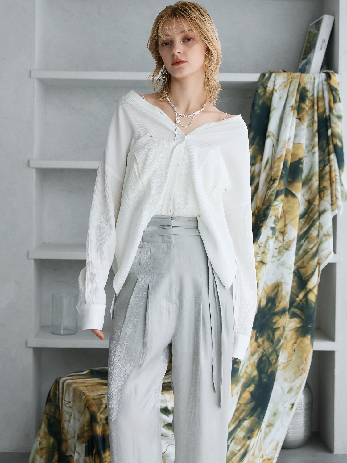 クリンプ Vネック ラージポケット ブラウス