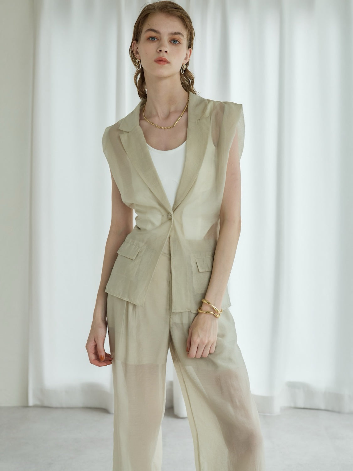 Sheer tuck shoulder vest