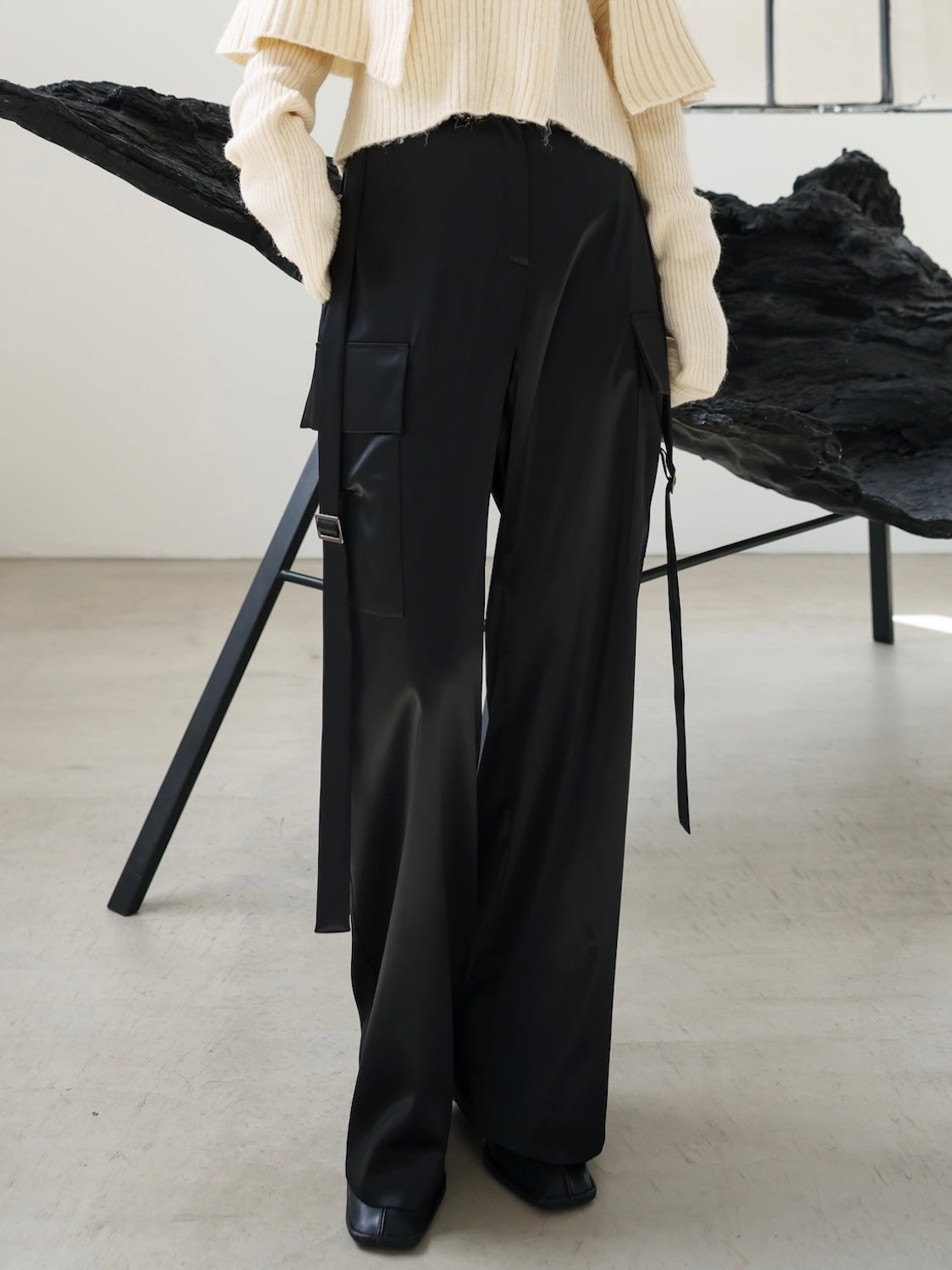 サイドベルト サテン Wide-pants