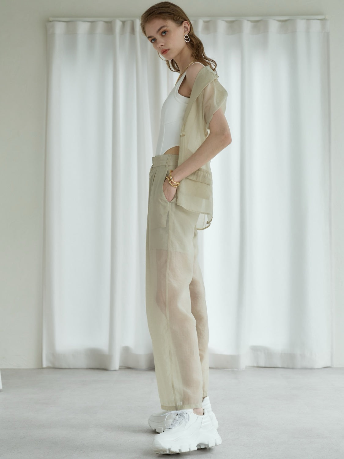 Sheer tuck wide pants