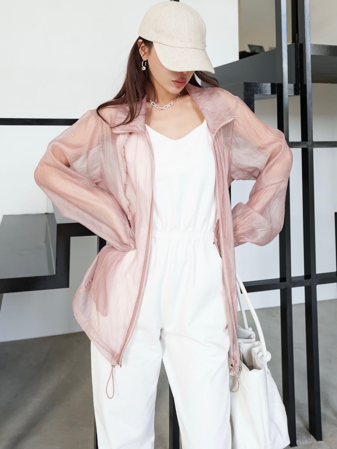 Drawstring & Zip Sheer Blouson