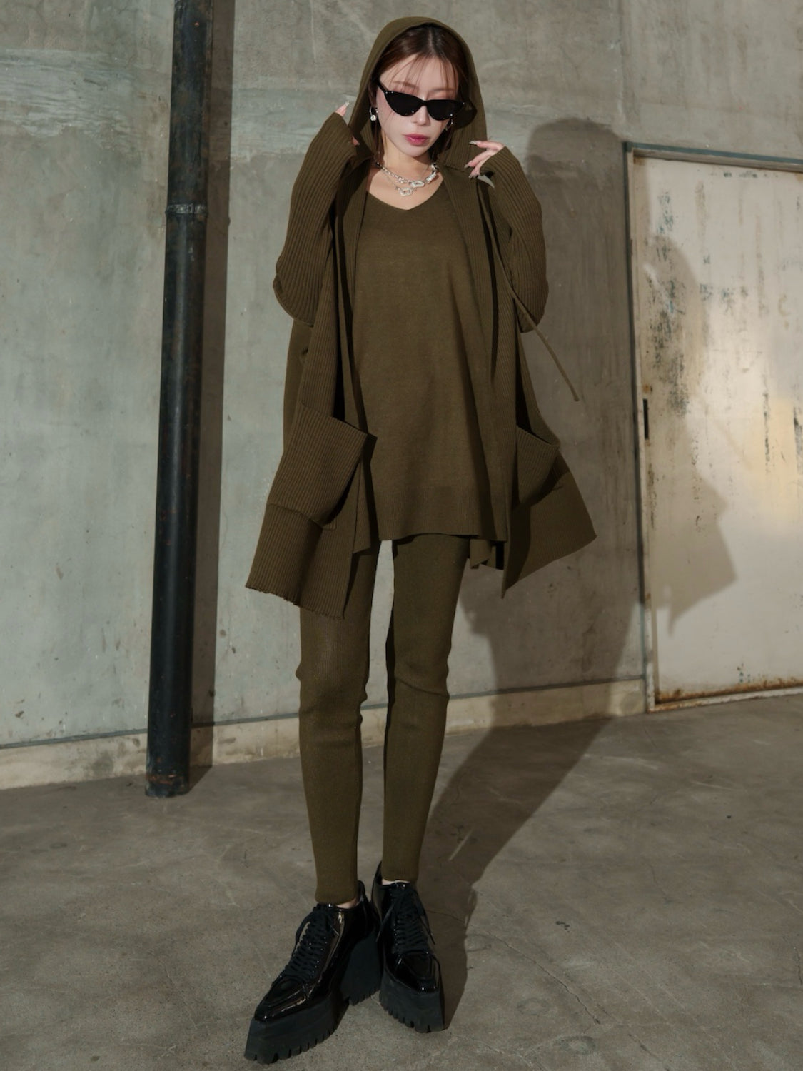 3ピース フーディー ポンチョ KNIT セットアップ