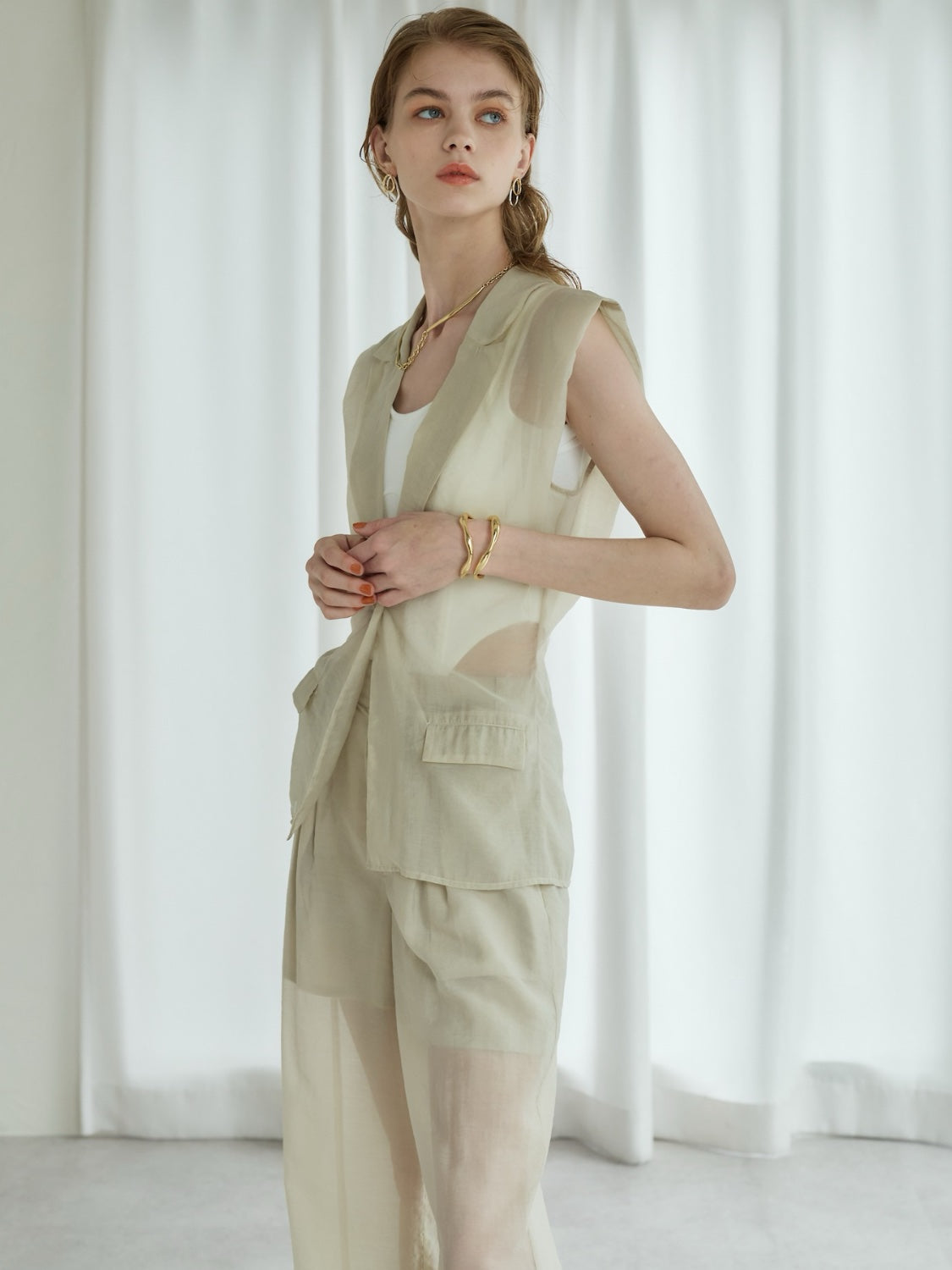 Sheer tuck shoulder vest