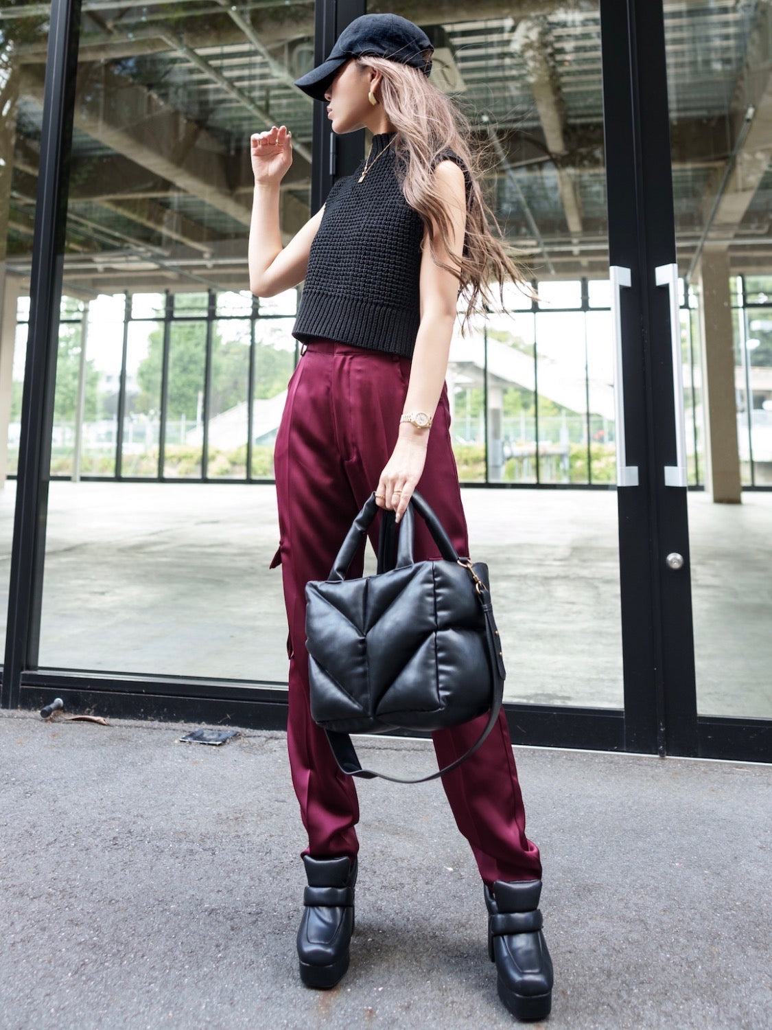 High neck waffle knit vest