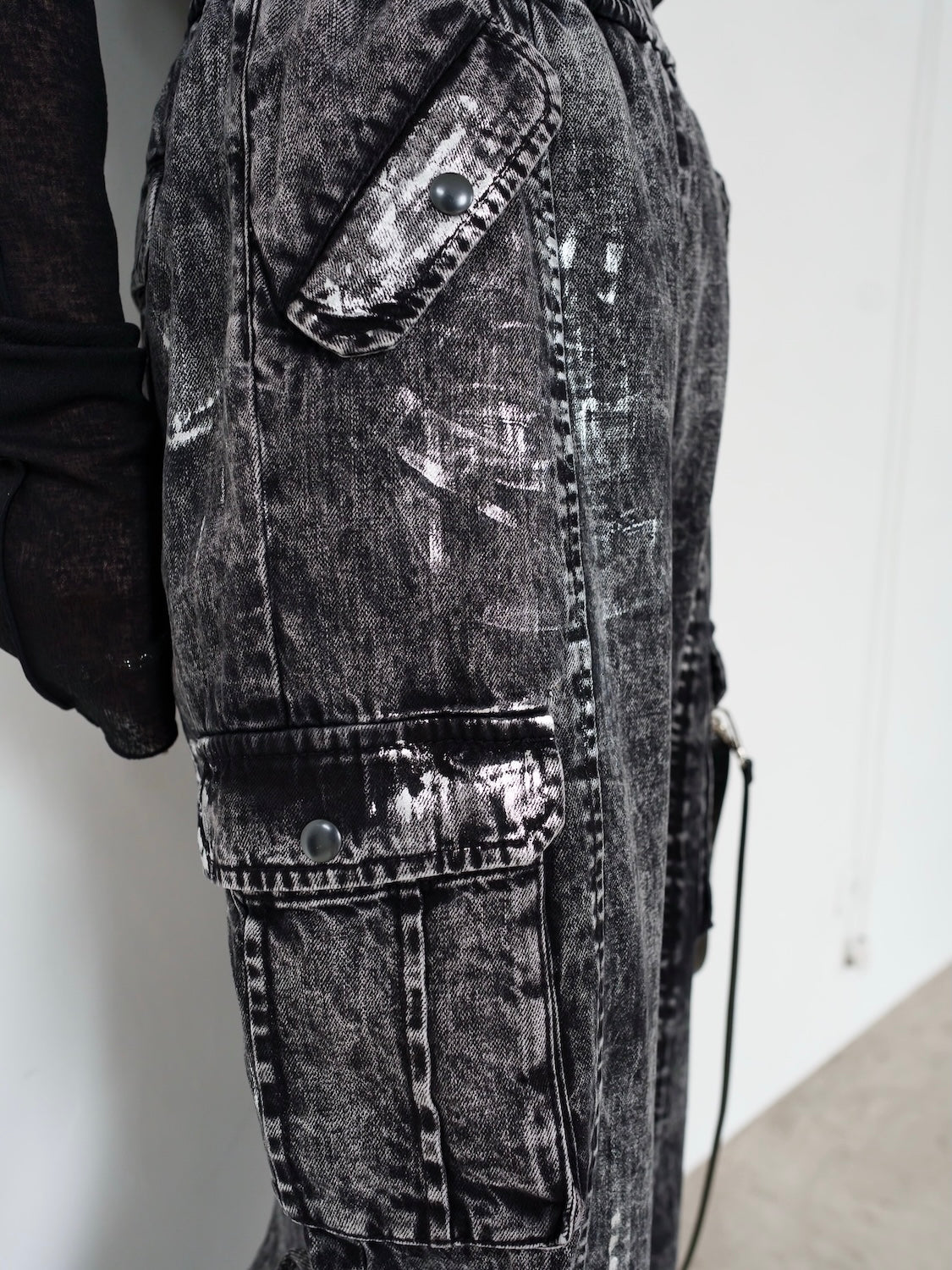 Metallic print chemical cargo denim