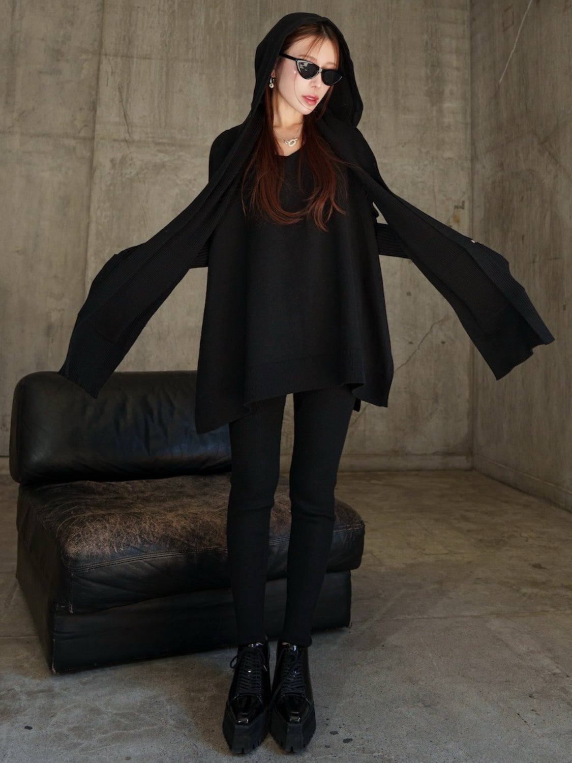 3ピース フーディー ポンチョ KNIT セットアップ