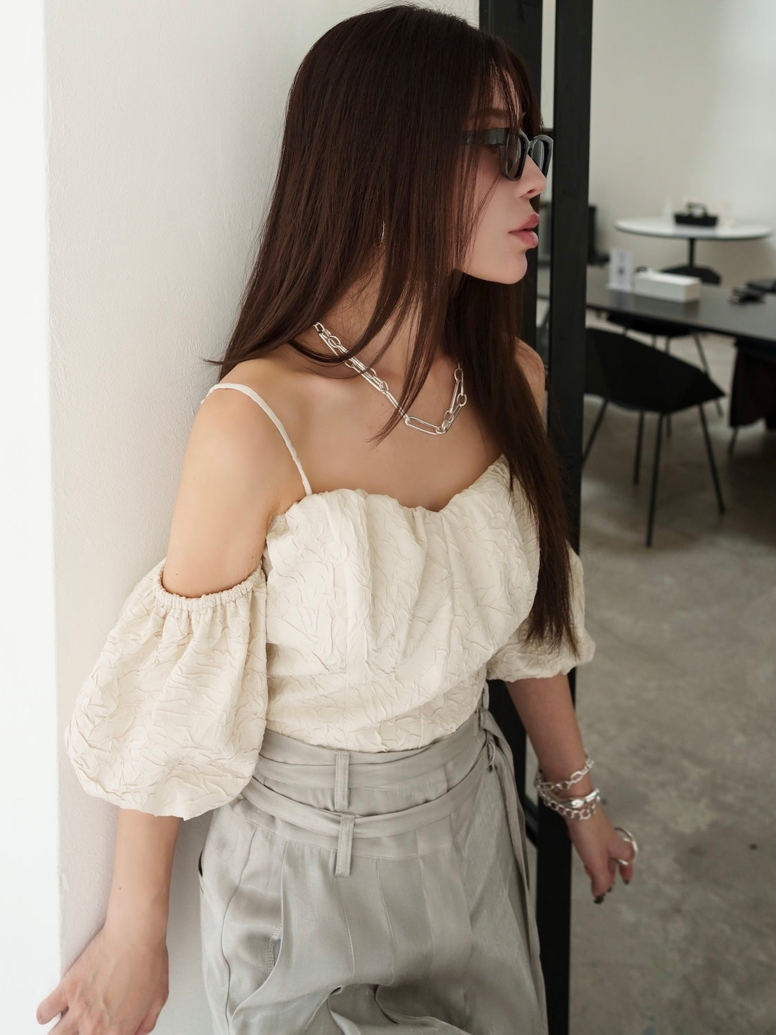 クリンクル Balloon スリーブ Tops