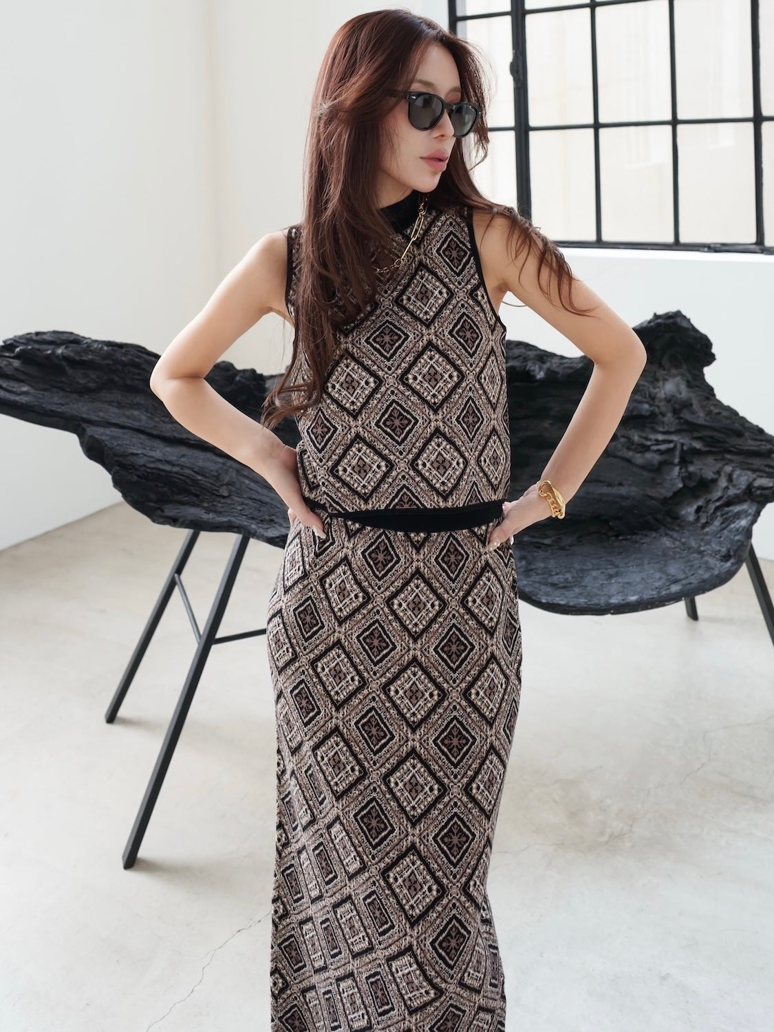 Tile jacquard knit set up