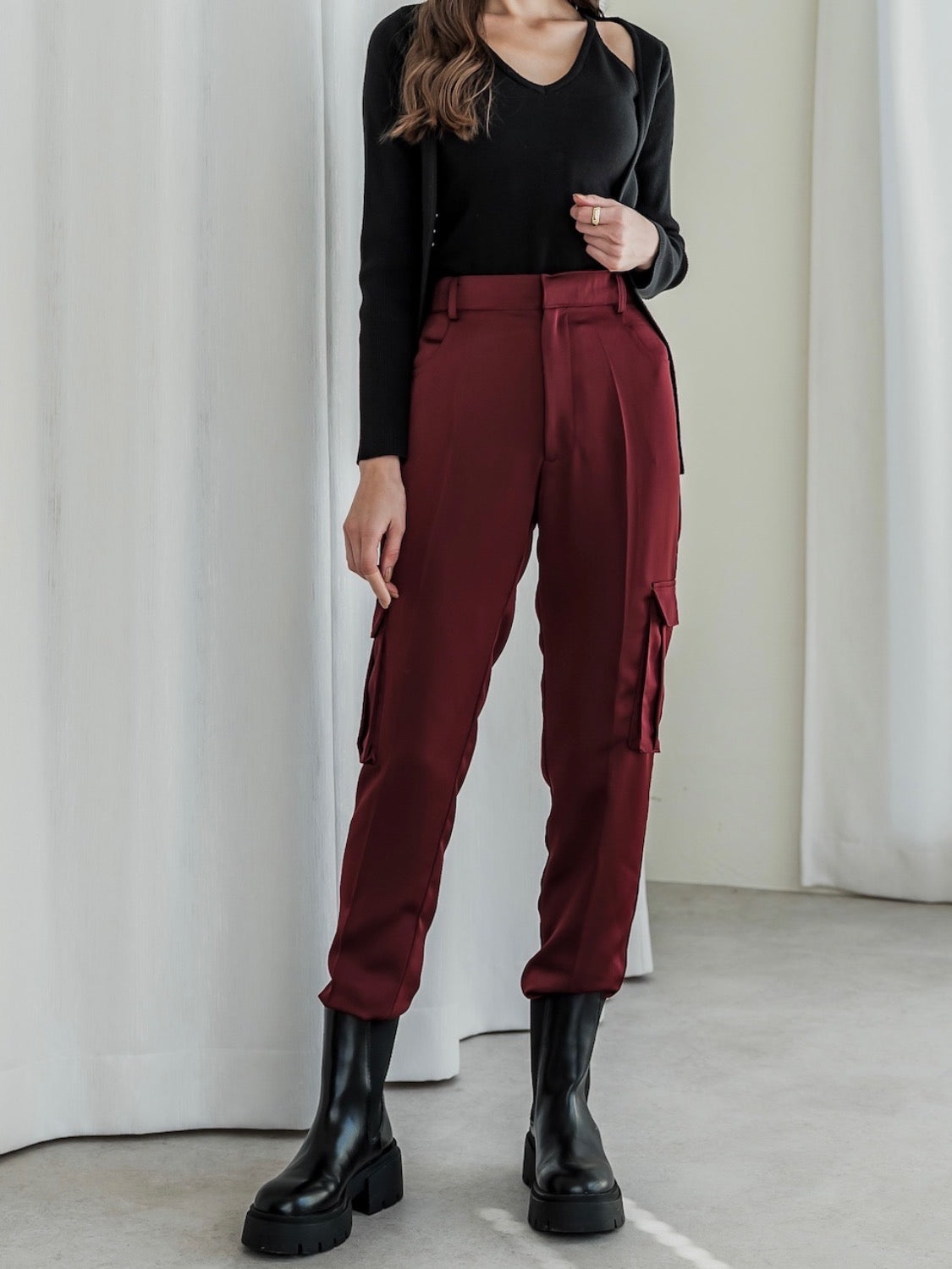 Satin Tapered Cargo Pants