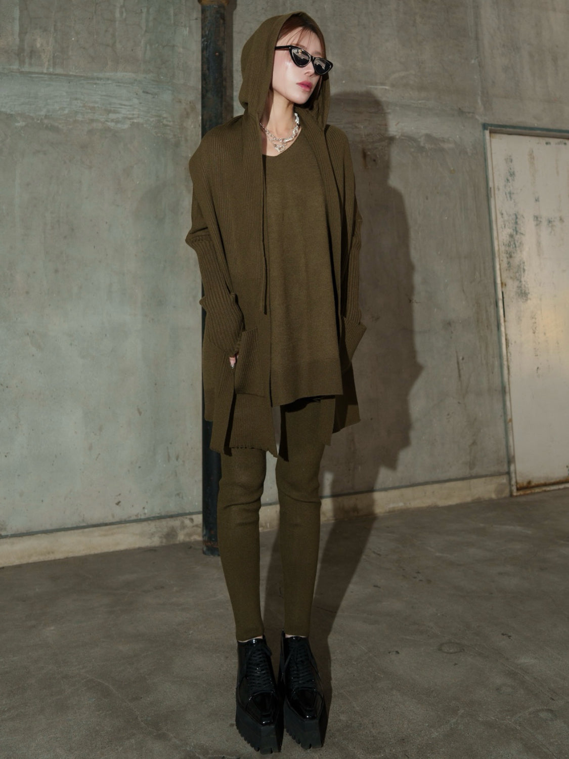 3ピース フーディー ポンチョ KNIT セットアップ