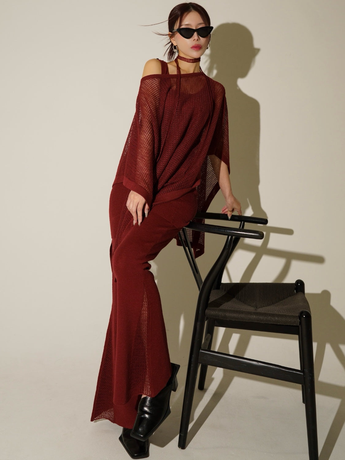 3ピース シアーメッシュ KNIT ポンチョ Set