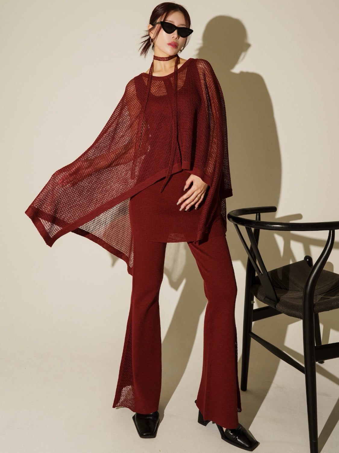 3ピース シアーメッシュ KNIT ポンチョ Set