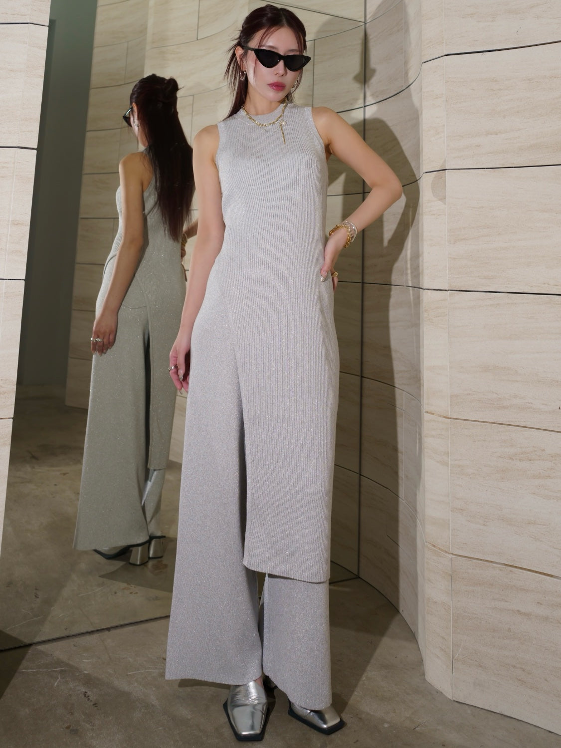 アシンメトリー スリット ラメKNIT セットアップ