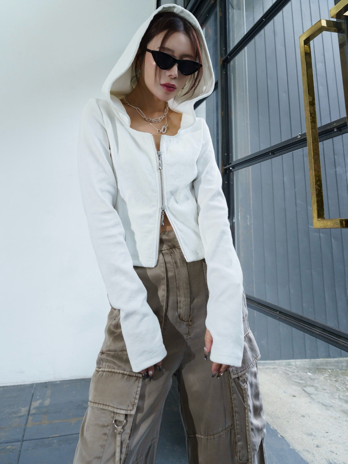 Washed リブ フロントZip フーディー