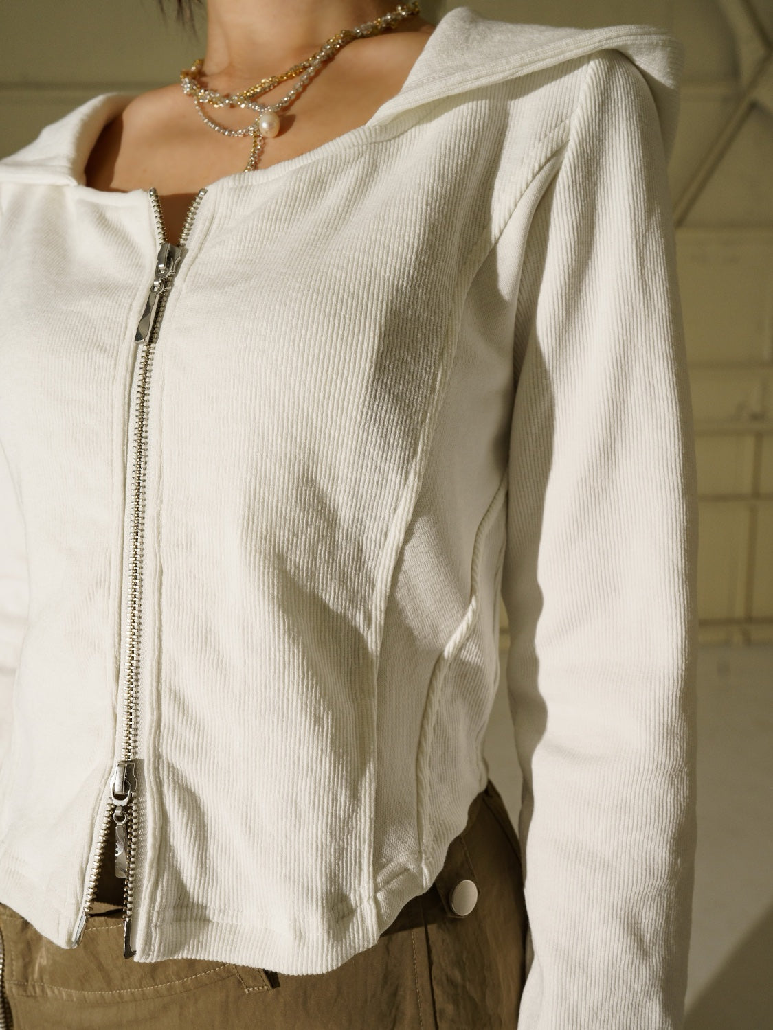 Washed リブ フロントZip フーディー