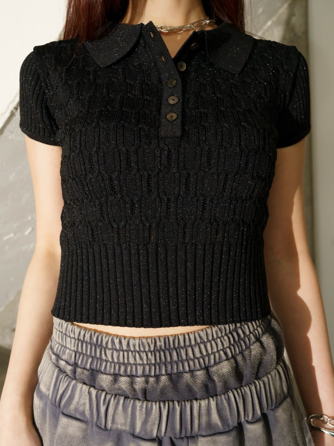 ラメ エンボス KNIT ポロシャツ