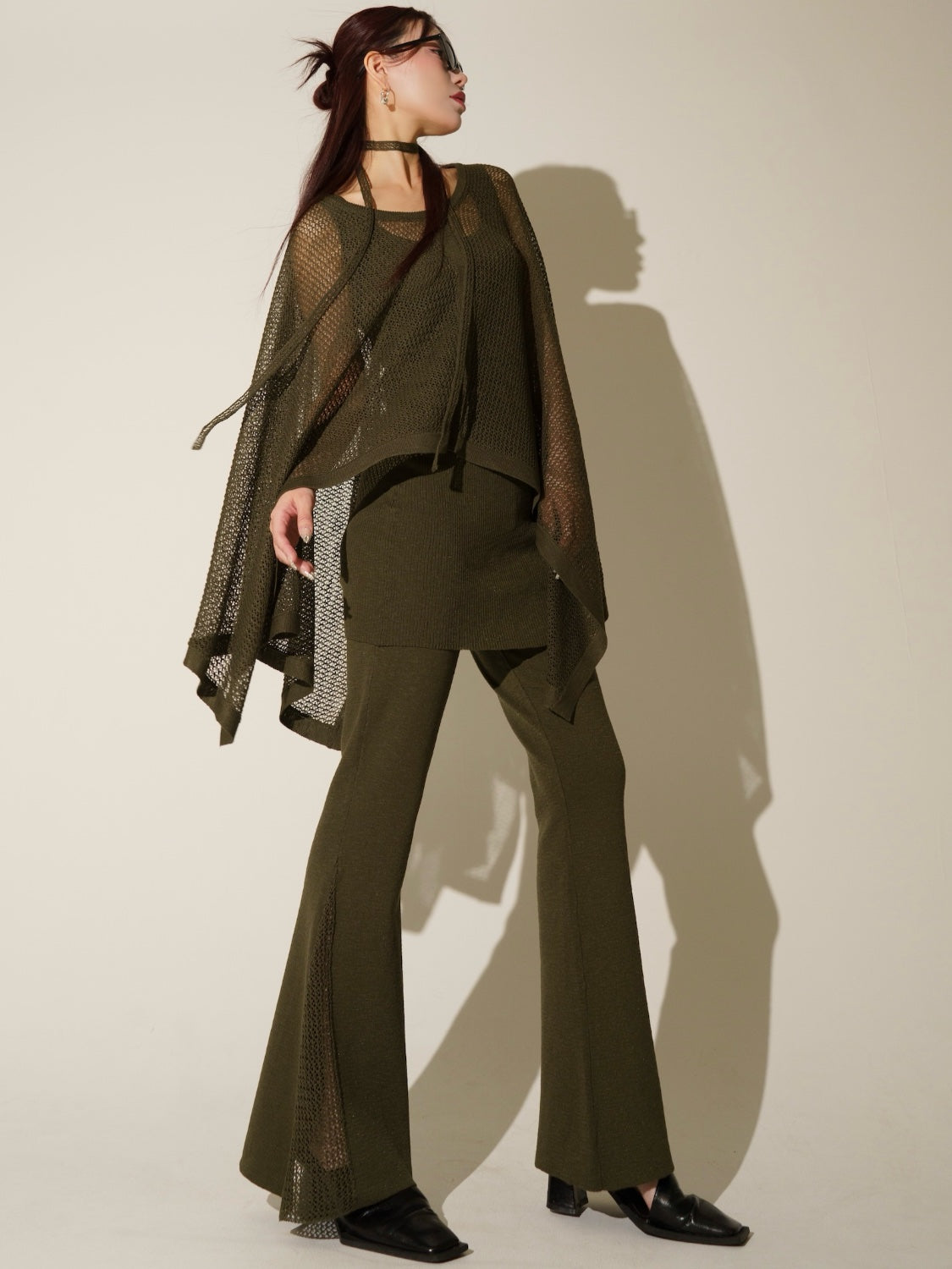 3ピース シアーメッシュ KNIT ポンチョ Set