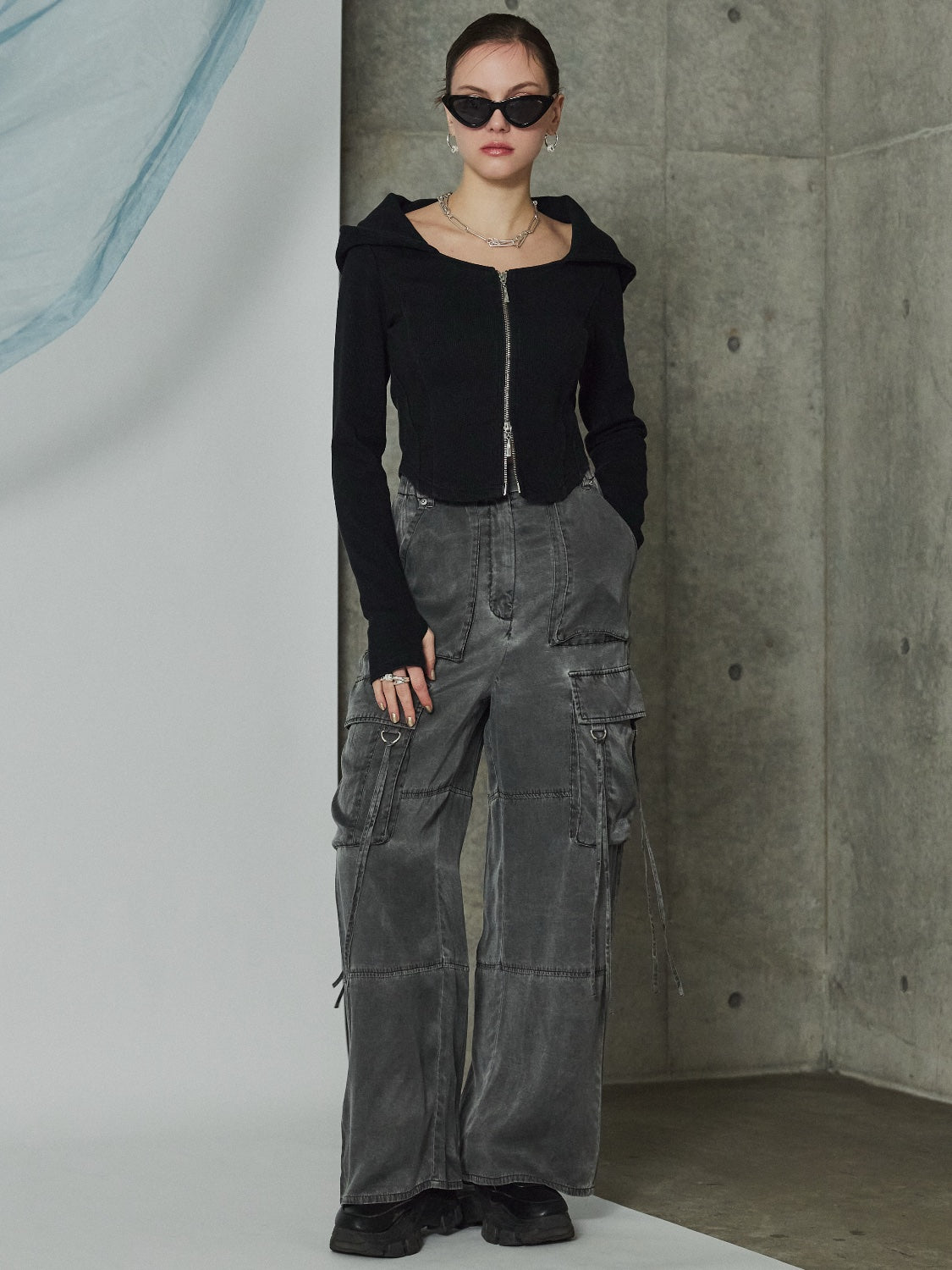 Washed リブ フロントZip フーディー