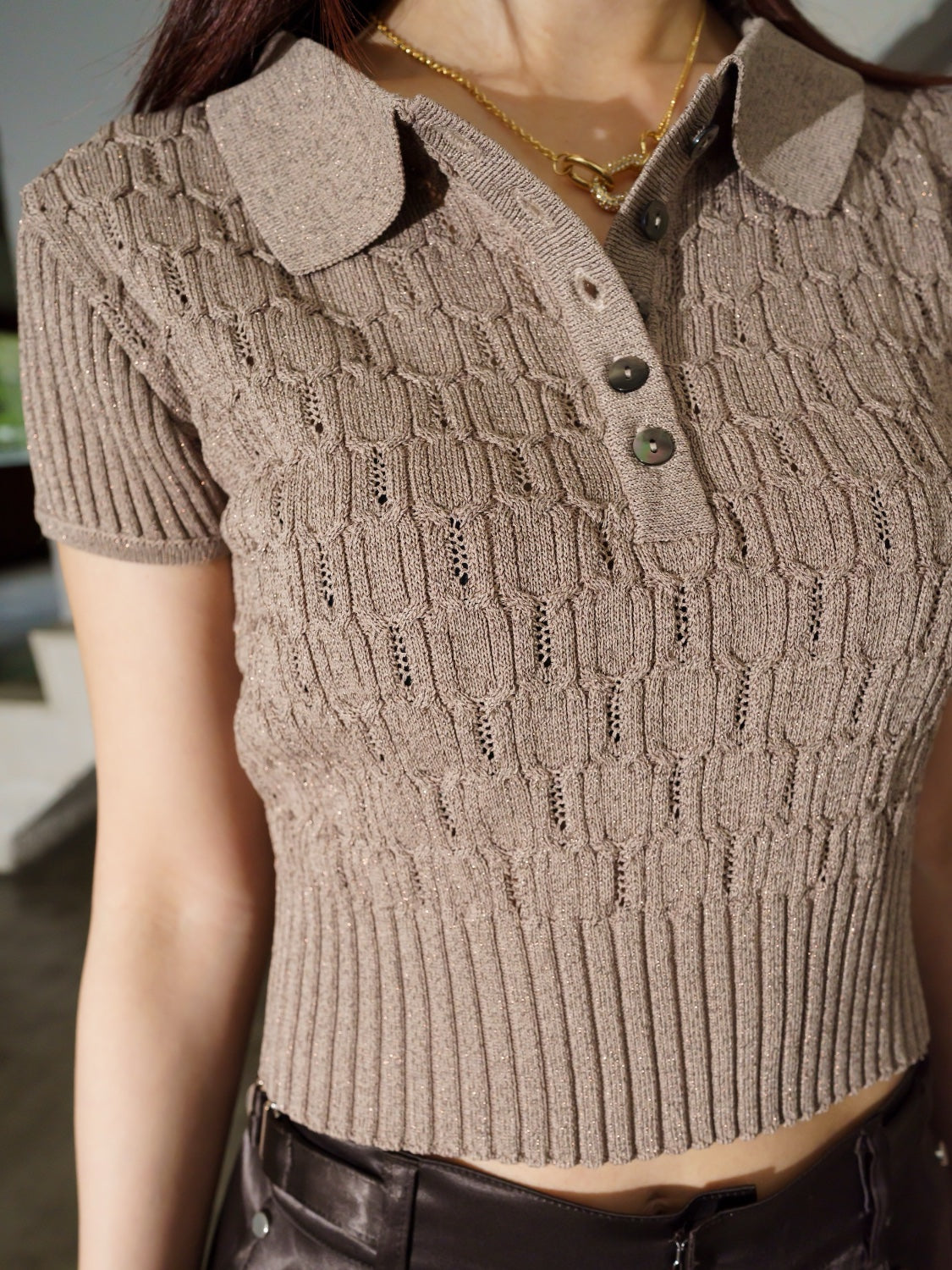 ラメ エンボス KNIT ポロシャツ