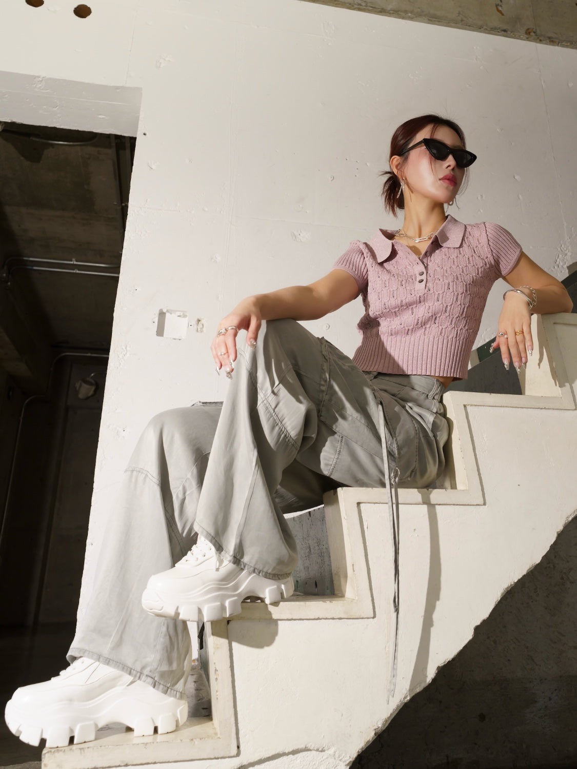 ラメ エンボス KNIT ポロシャツ