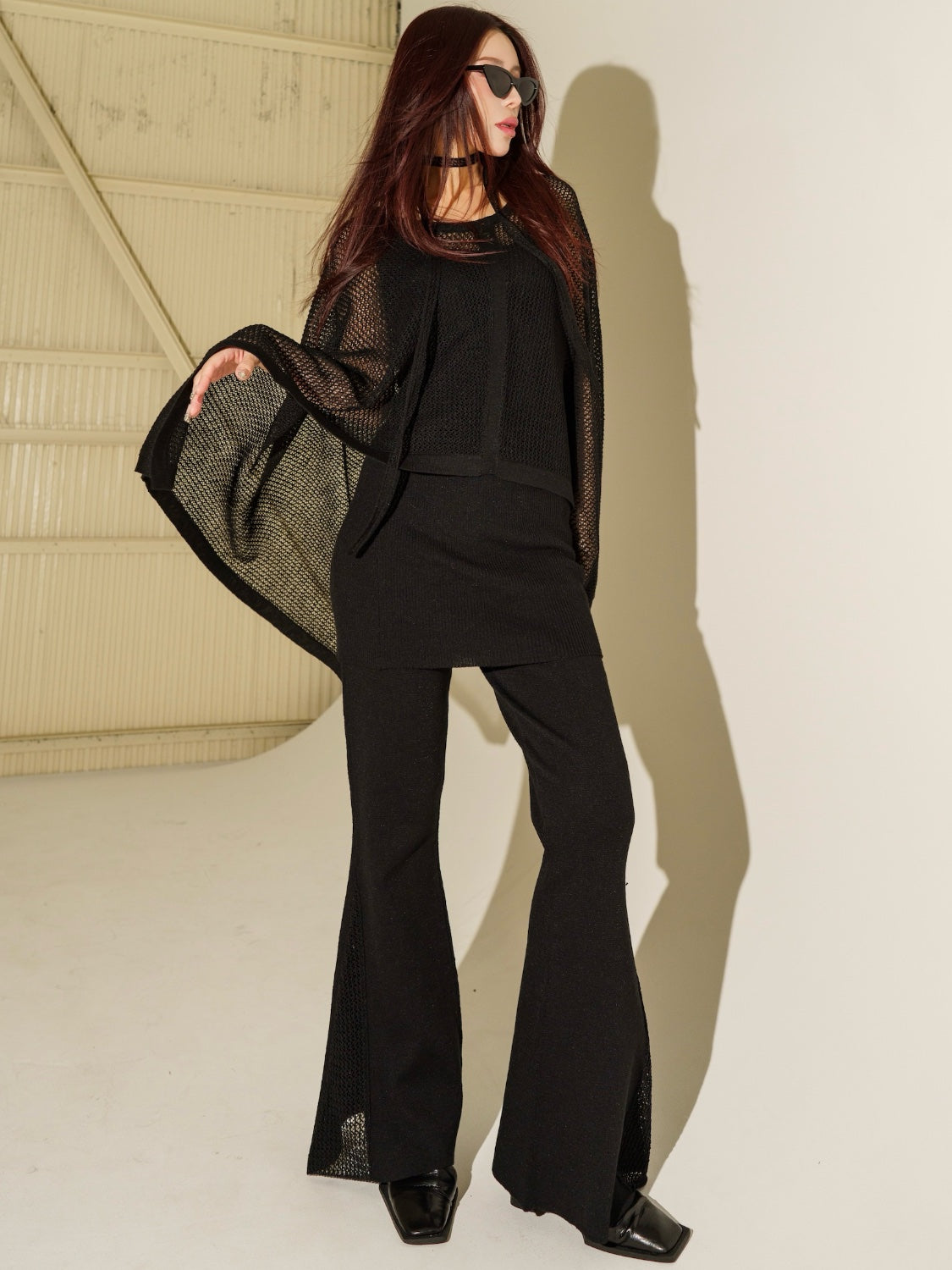 3ピース シアーメッシュ KNIT ポンチョ Set