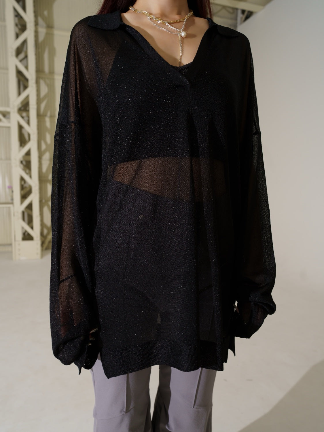 ラメ シアー KNIT スキッパー