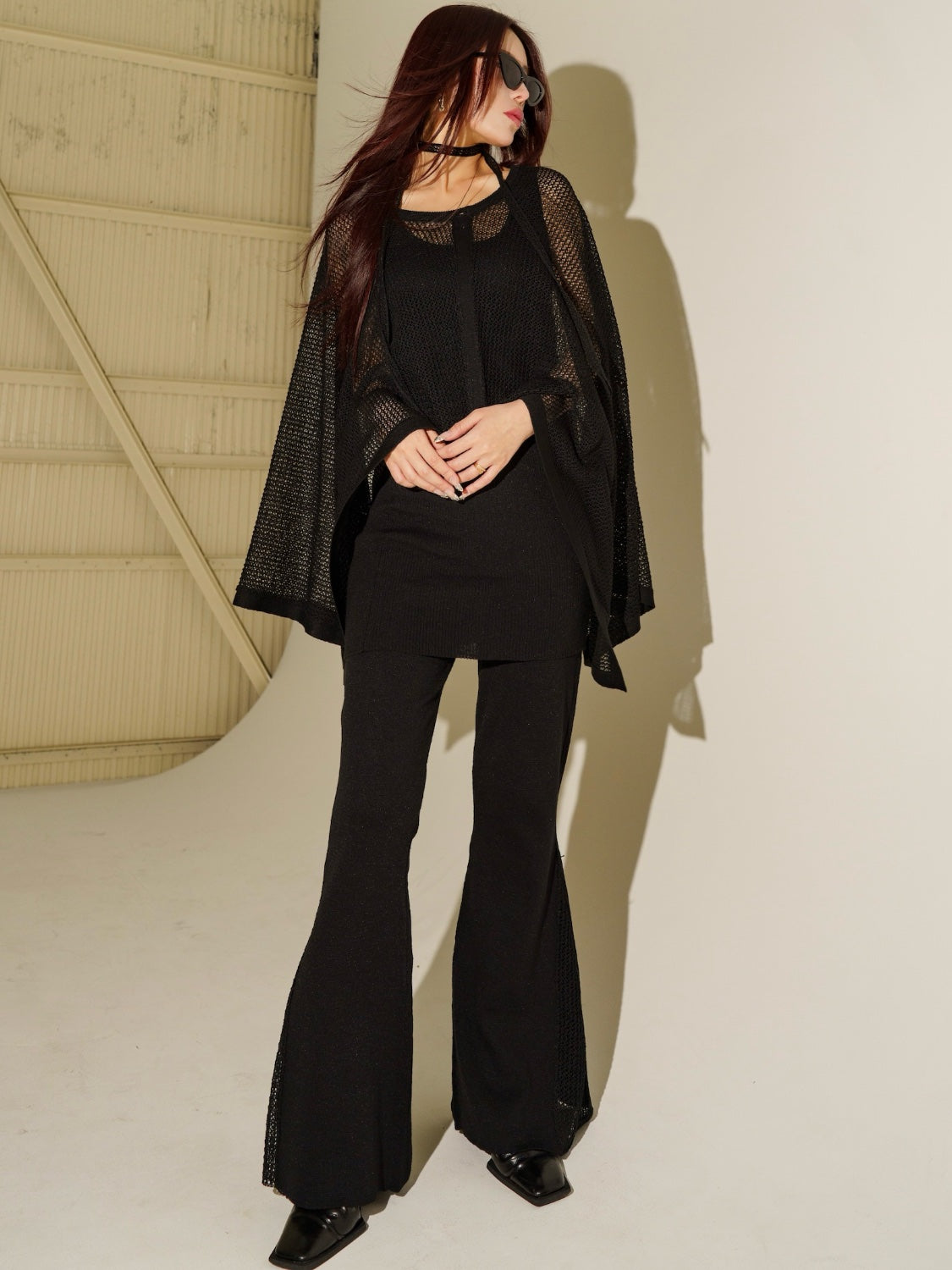 3ピース シアーメッシュ KNIT ポンチョ Set