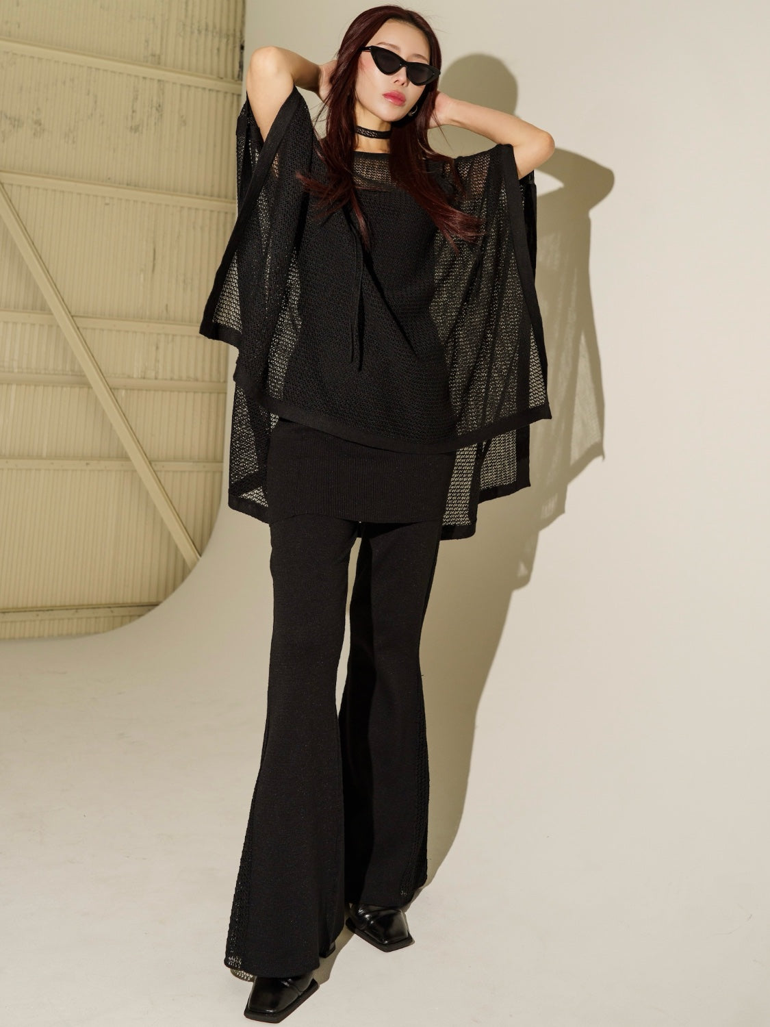 3ピース シアーメッシュ KNIT ポンチョ Set