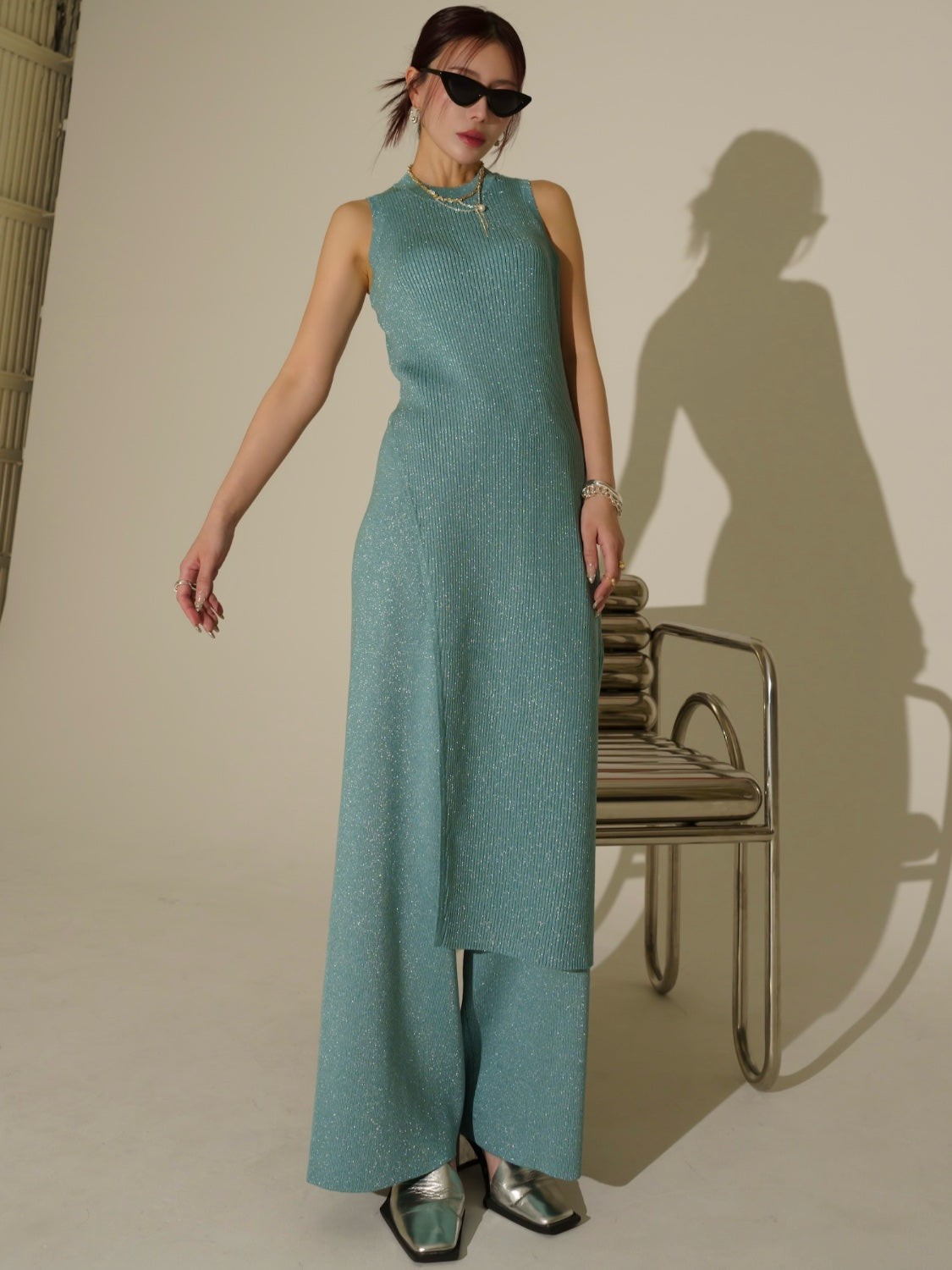 アシンメトリー スリット ラメKNIT セットアップ