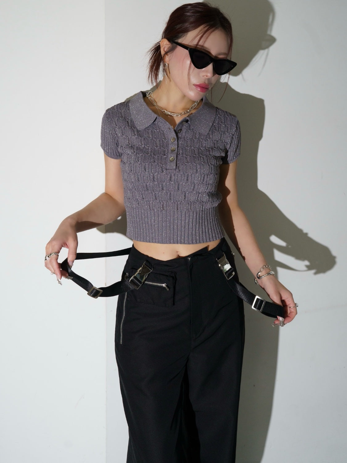 ラメ エンボス KNIT ポロシャツ