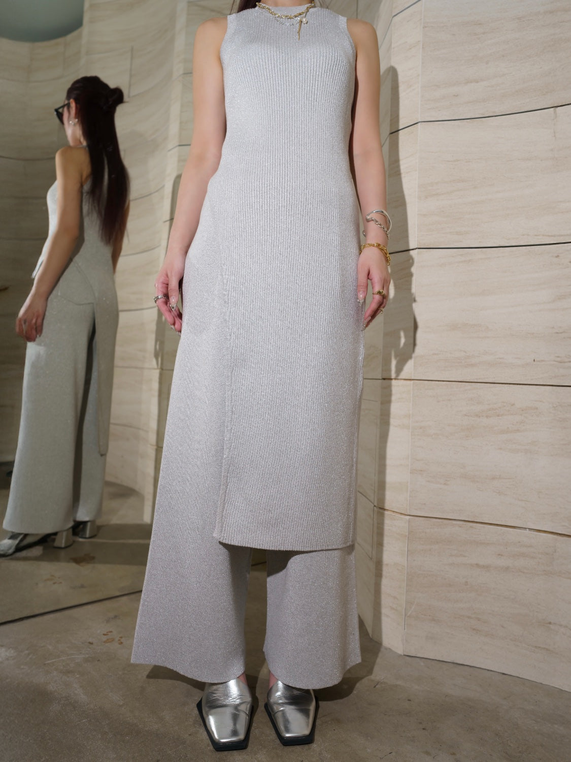 アシンメトリー スリット ラメKNIT セットアップ