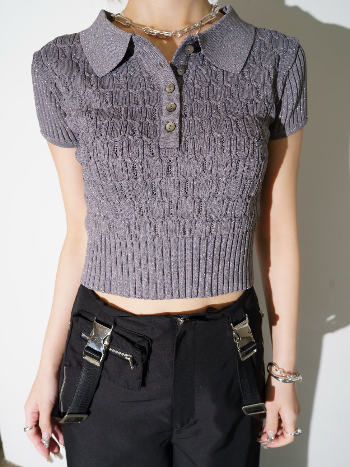 ラメ エンボス KNIT ポロシャツ