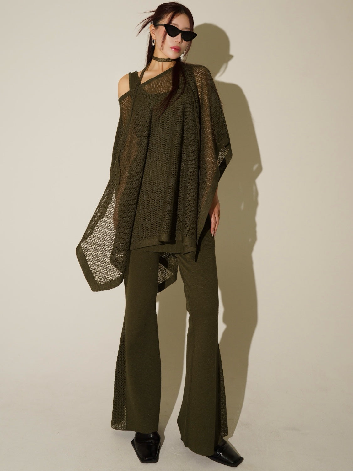 3ピース シアーメッシュ KNIT ポンチョ Set