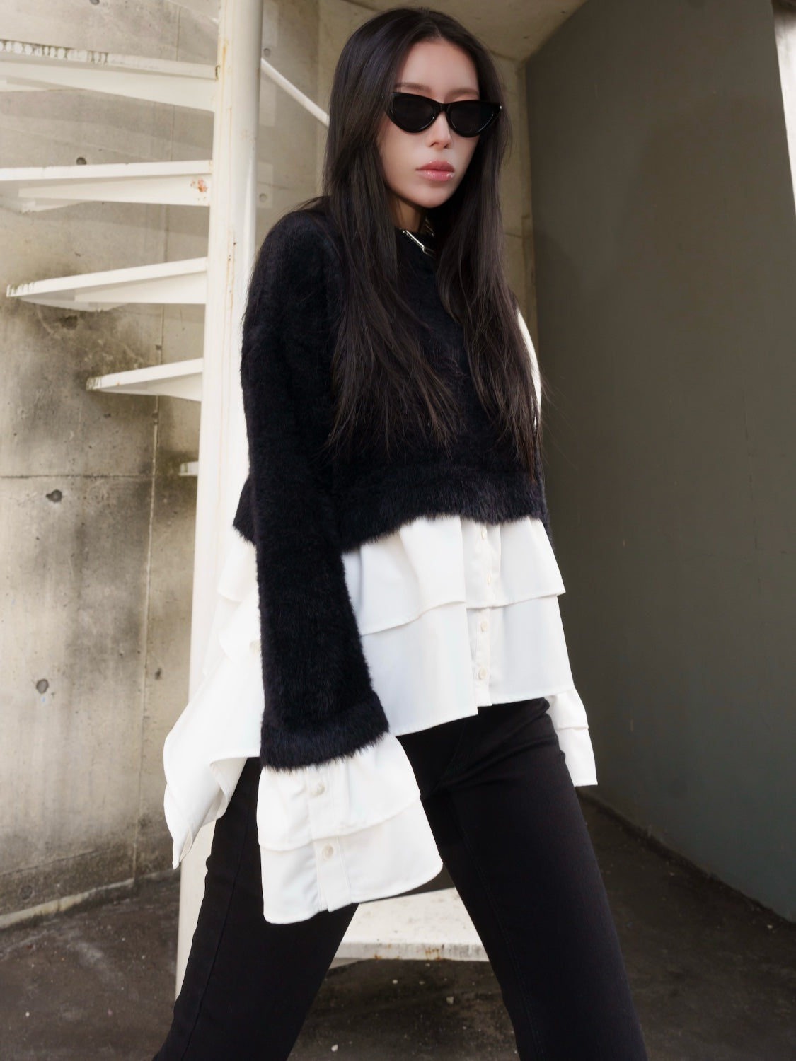 KNIT ドッキング フリルレイヤー ブラウス