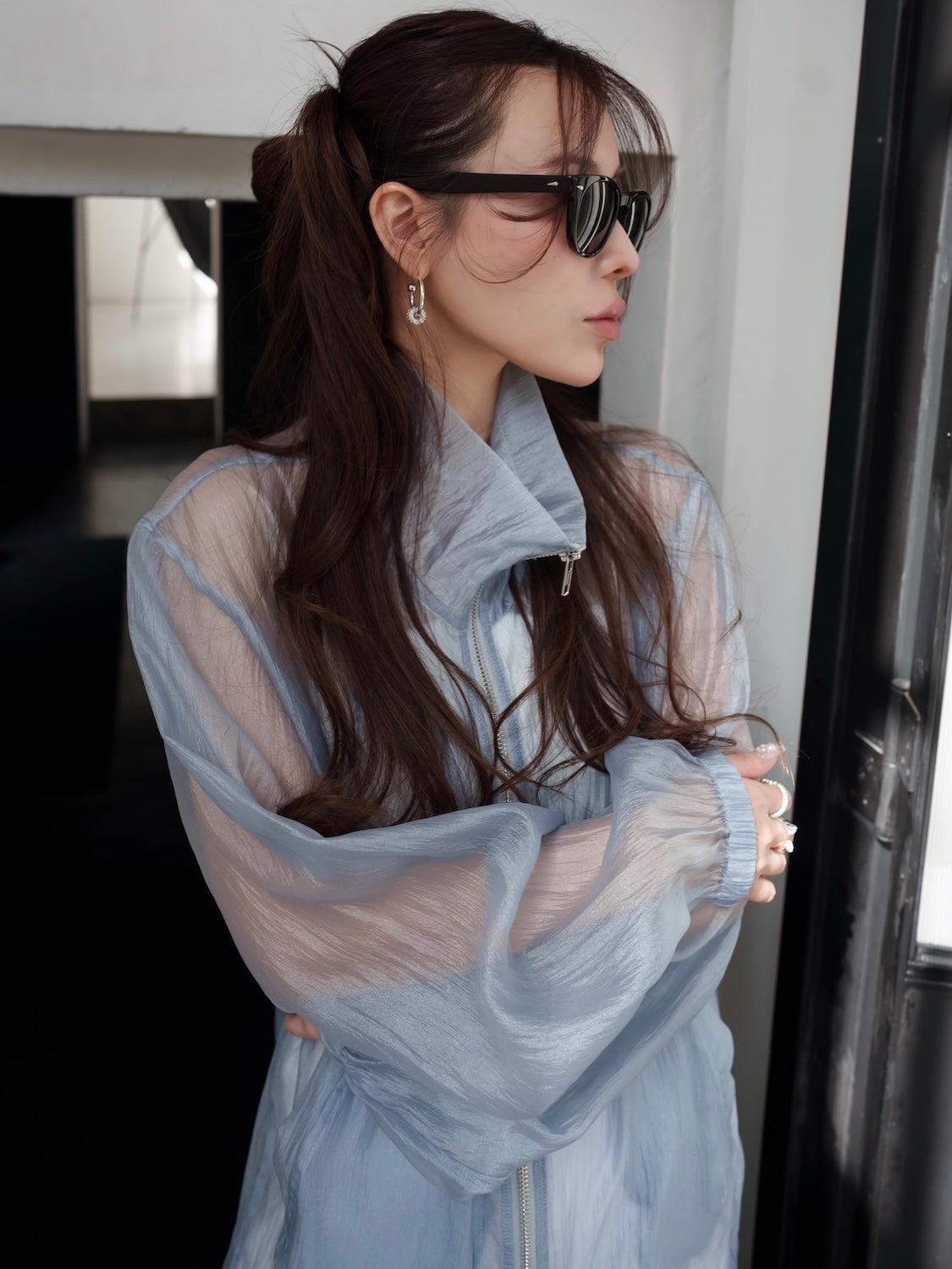 Drawstring & Zip Sheer Blouson