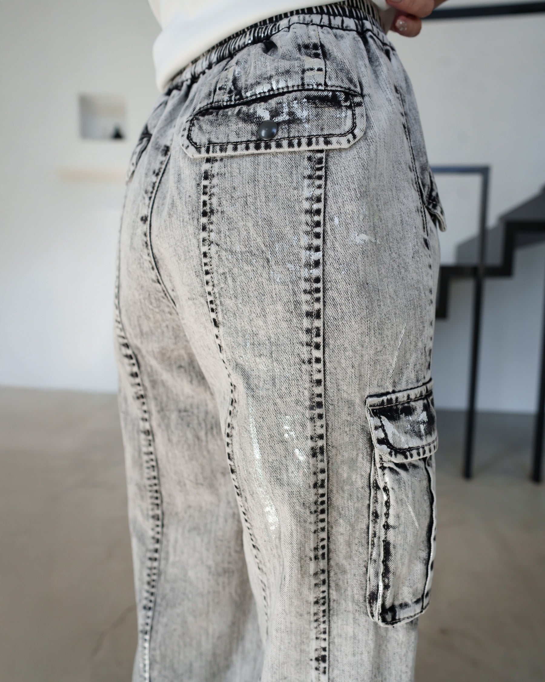 Metallic print chemical cargo denim