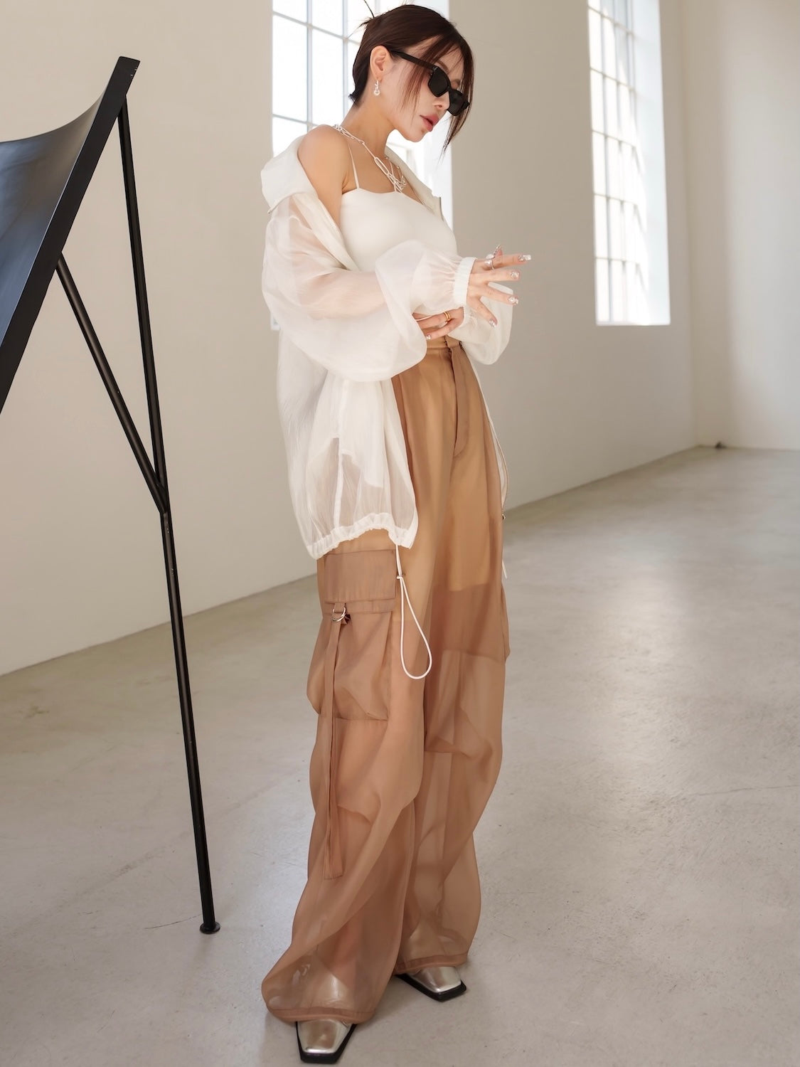 Drawstring & Zip Sheer Blouson