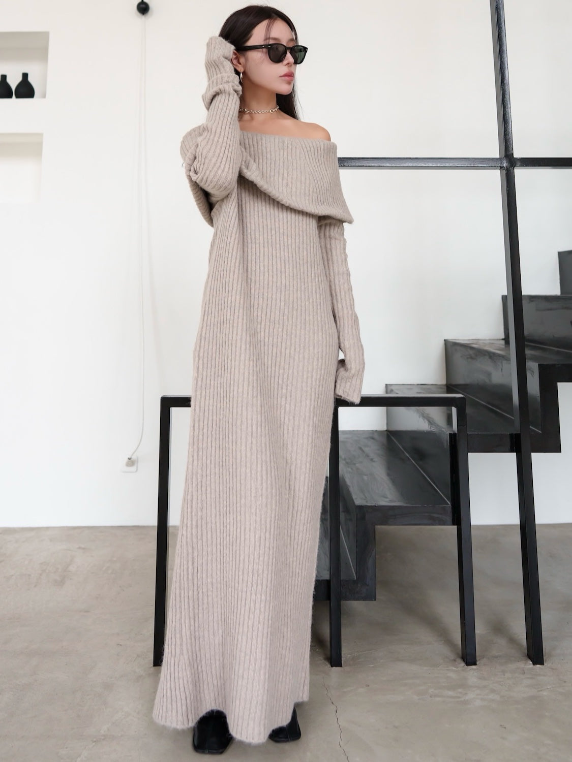 オフショル Rib Knit ワンピース