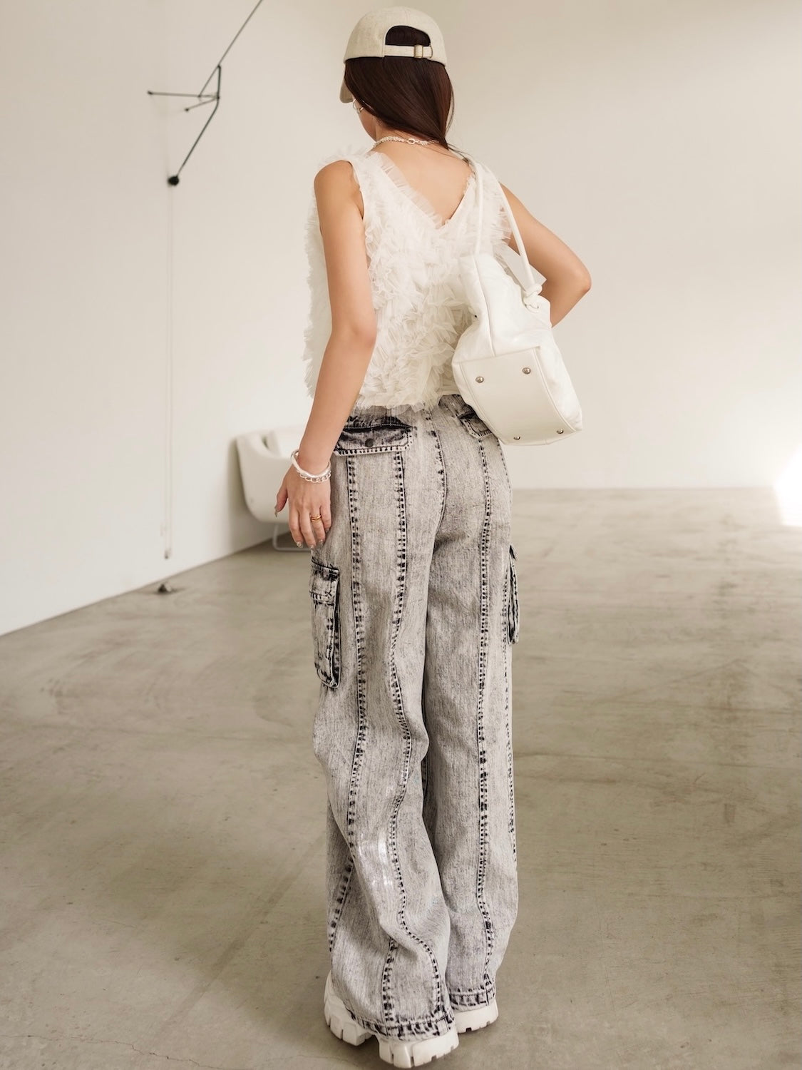 Metallic print chemical cargo denim