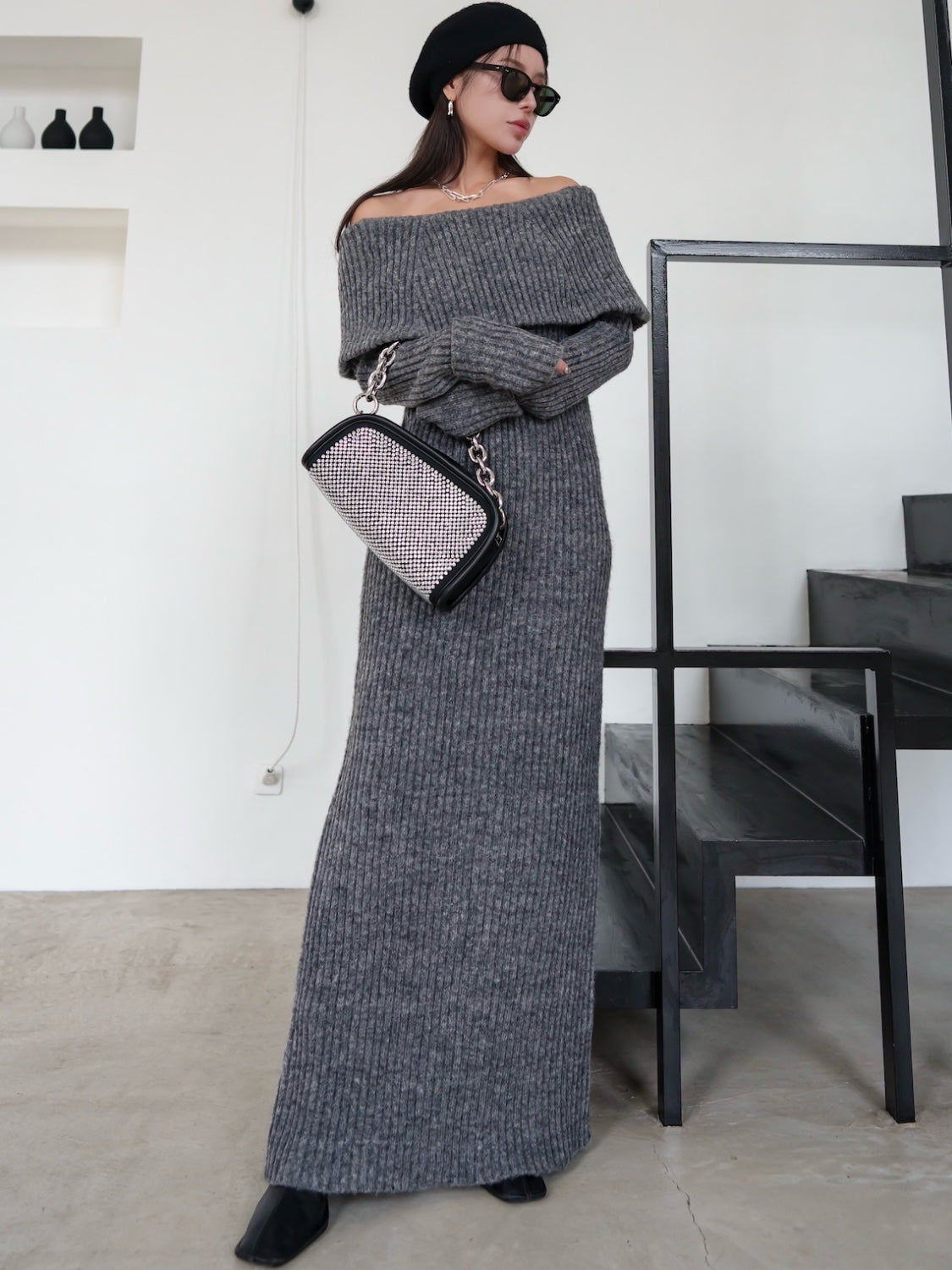 オフショル Rib Knit ワンピース