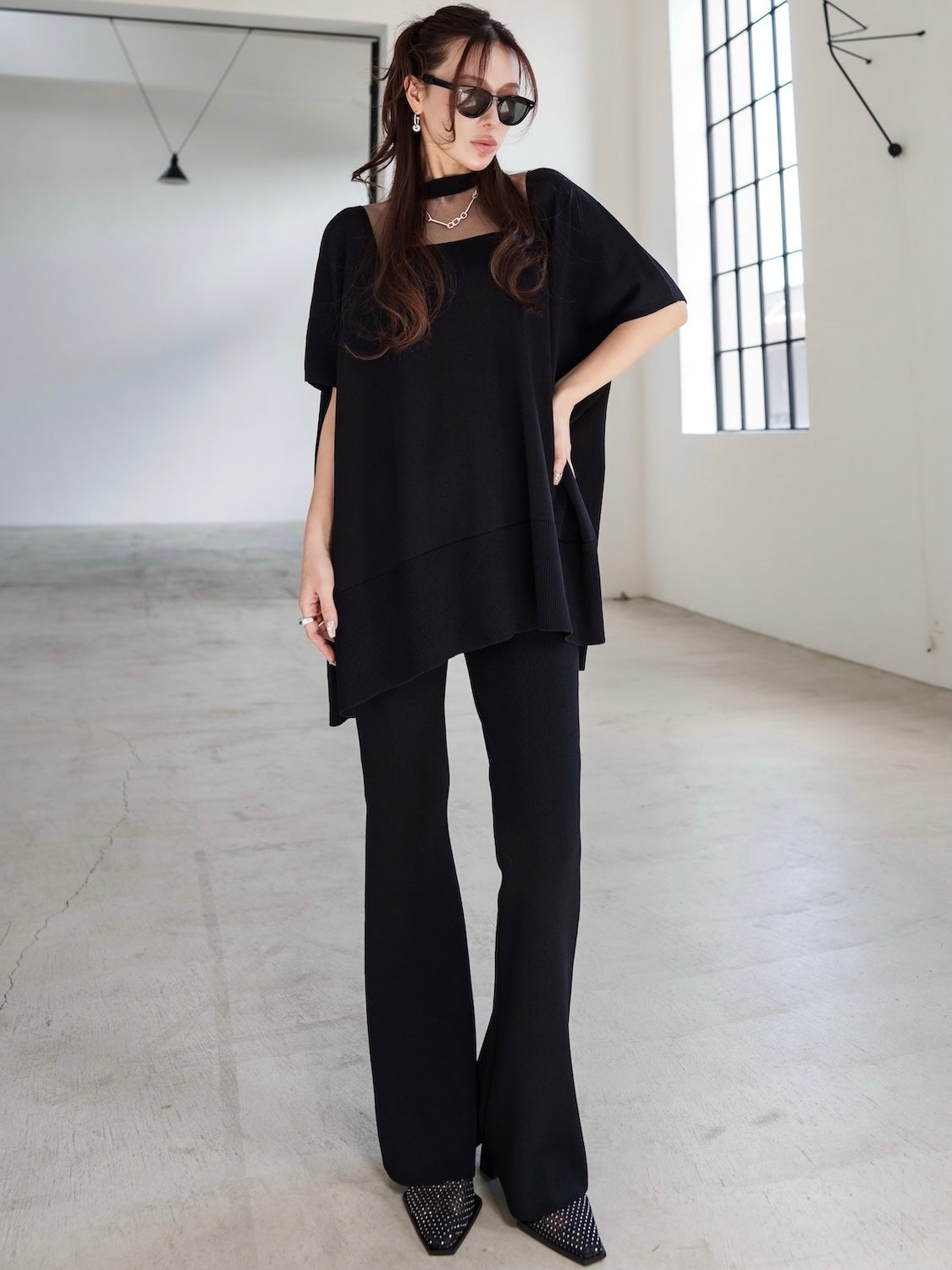 Poncho-like decollete sheer knit set