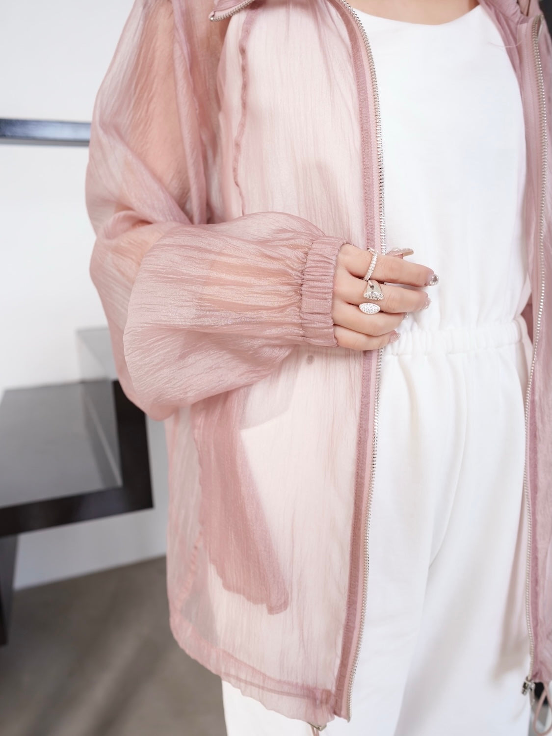Drawstring & Zip Sheer Blouson