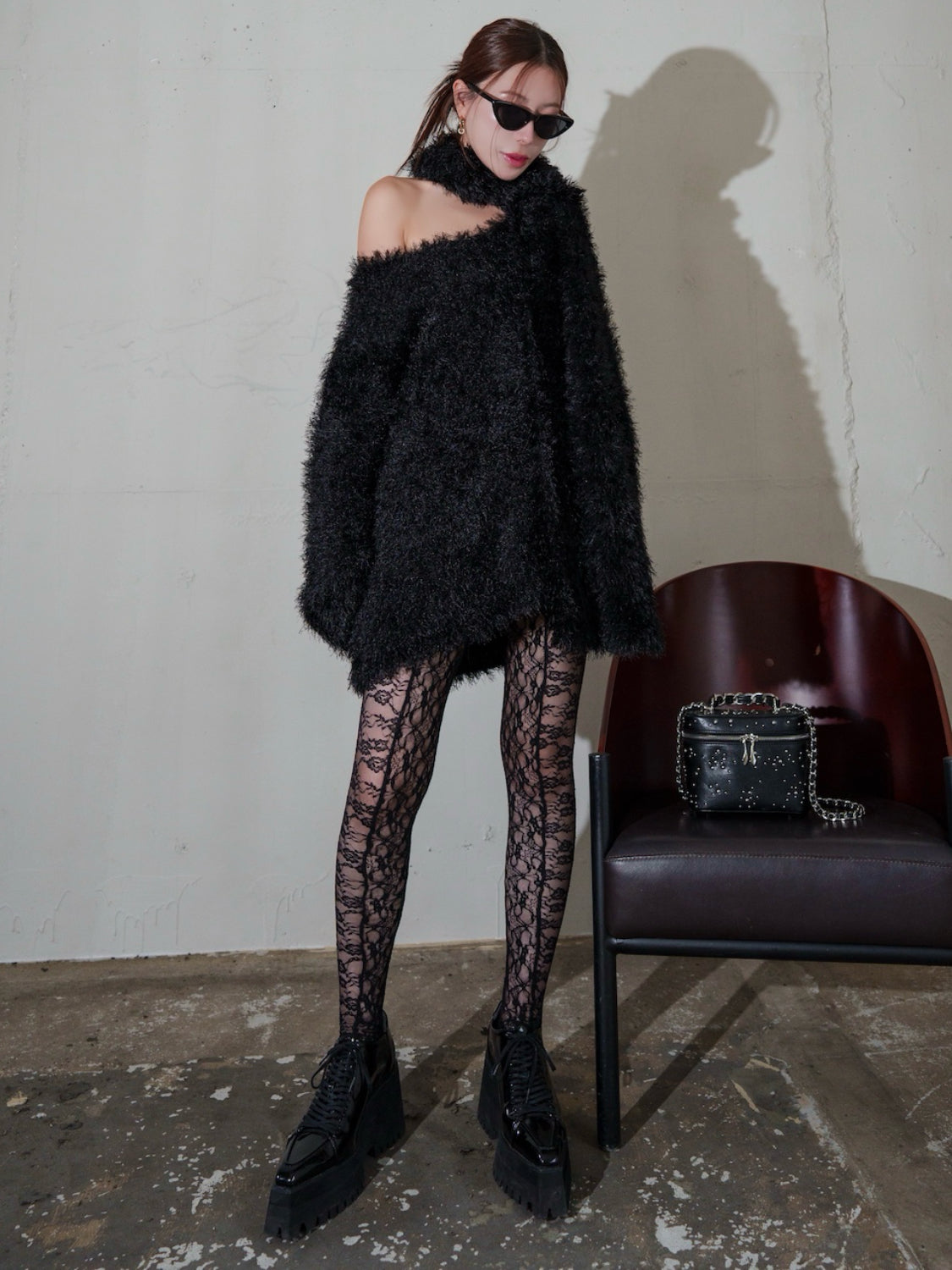 Vネック シャギーKNIT&マフラー Set