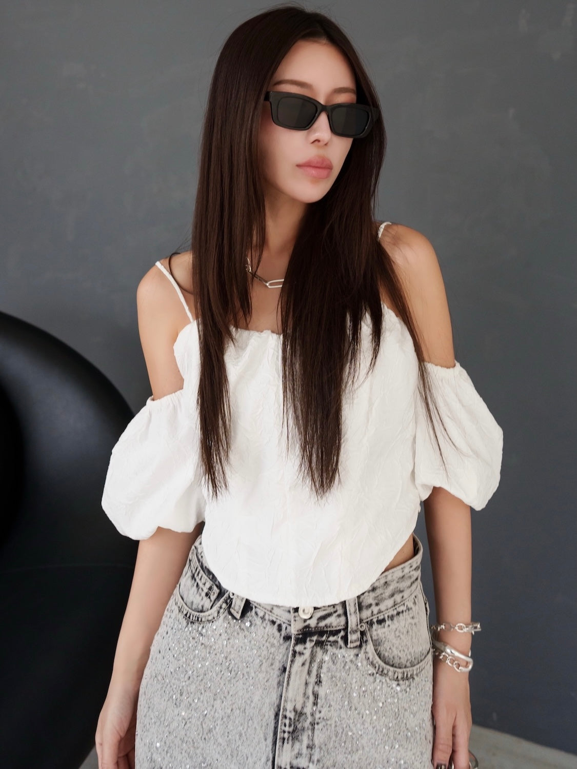 クリンクル Balloon スリーブ Tops