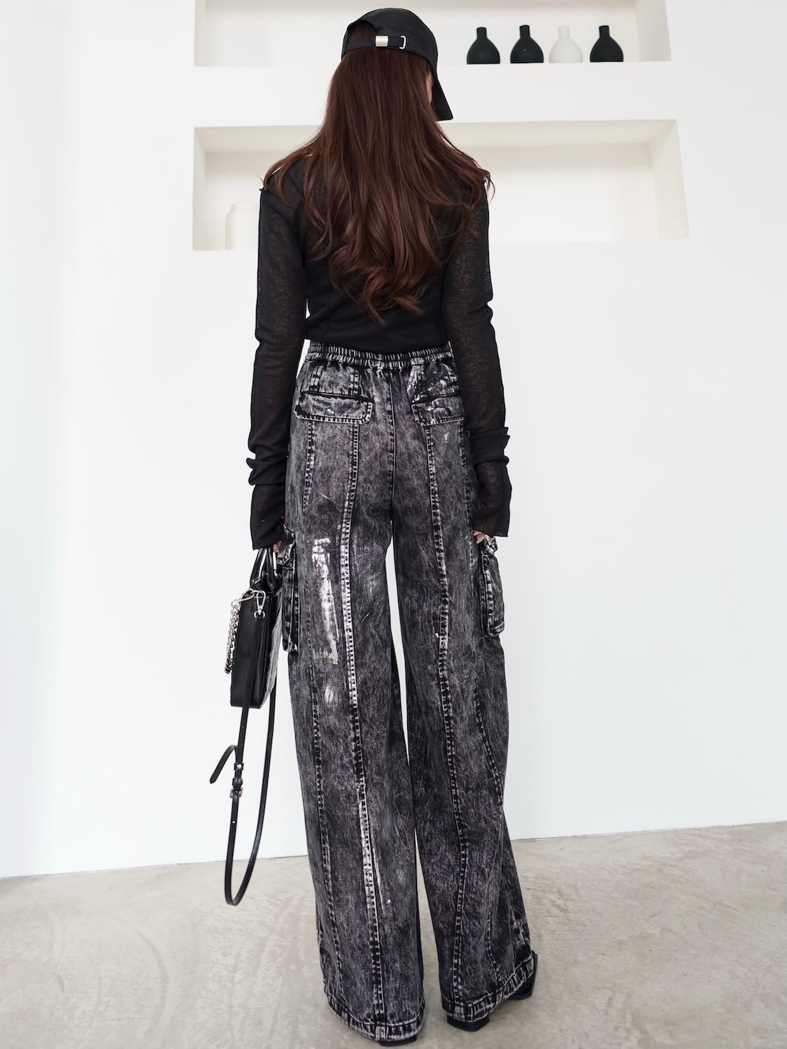 Metallic print chemical cargo denim