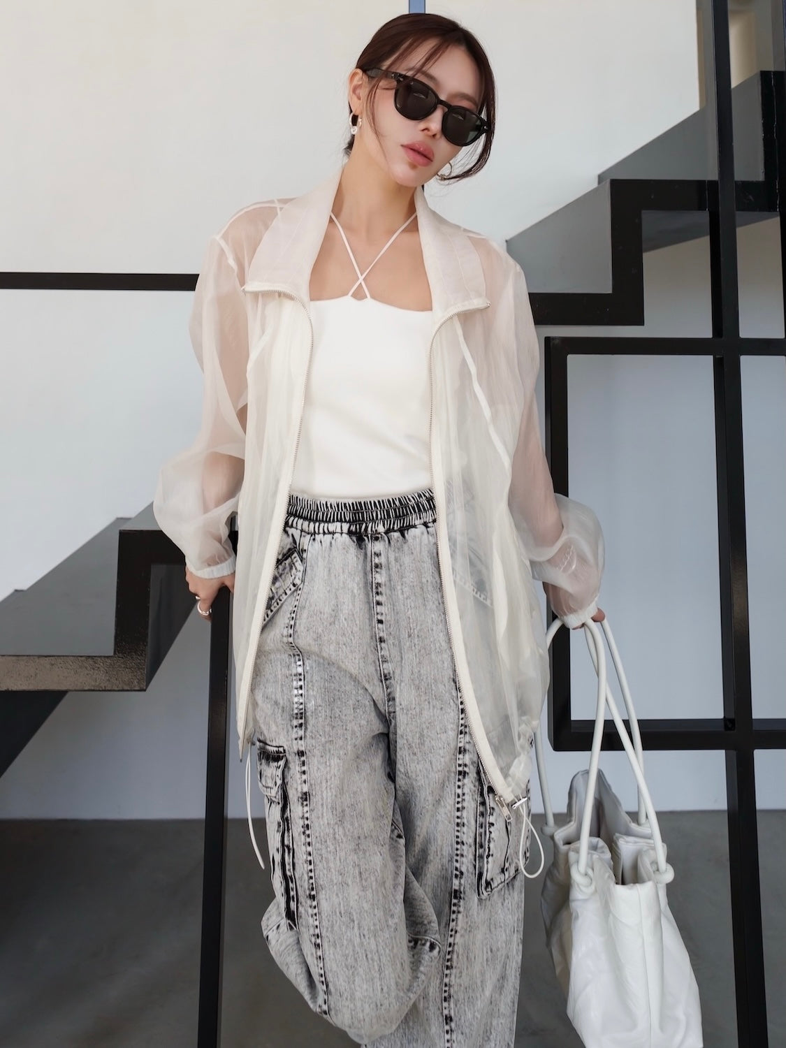 Drawstring & Zip Sheer Blouson