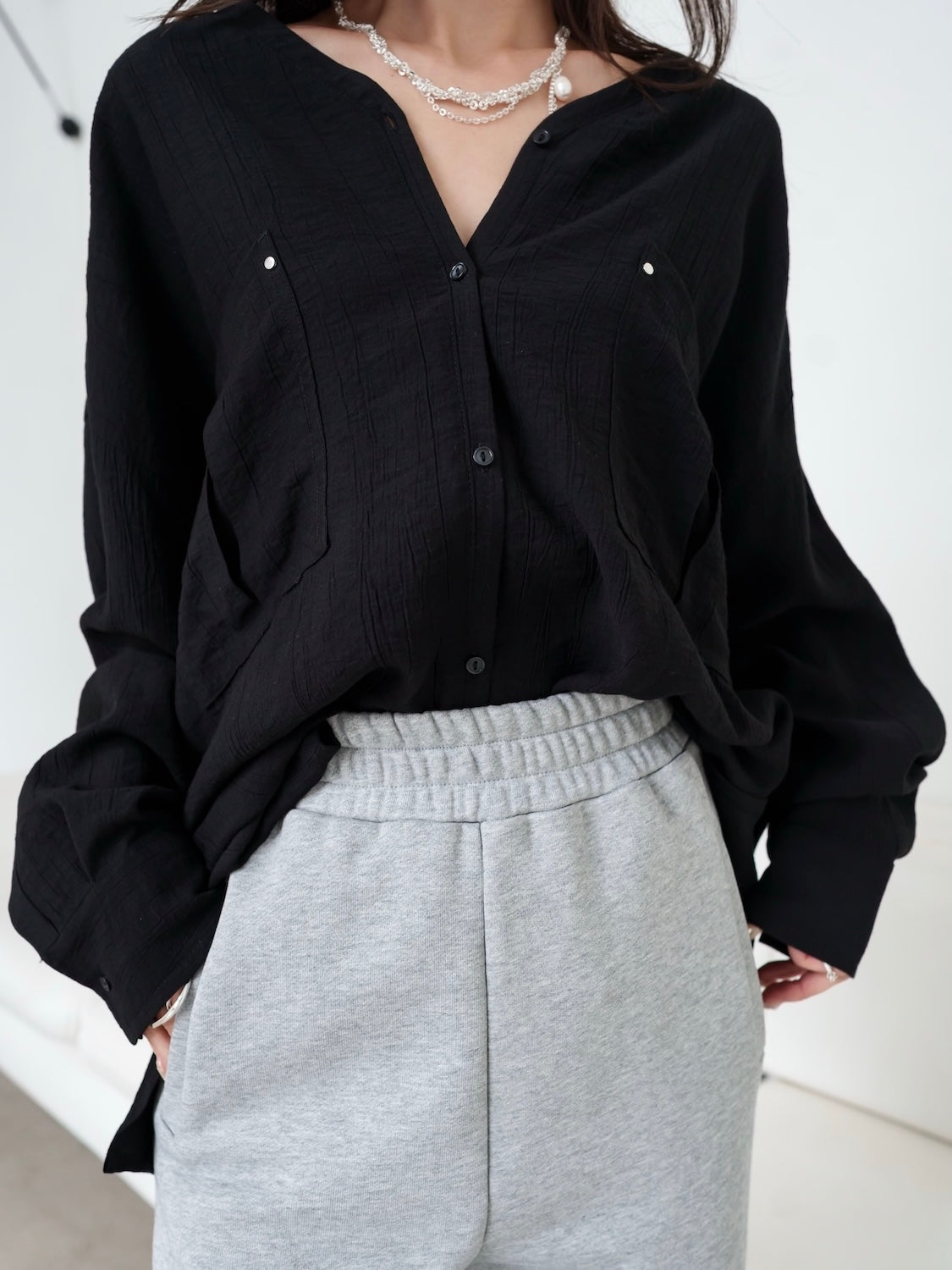 クリンプ Vネック ラージポケット ブラウス
