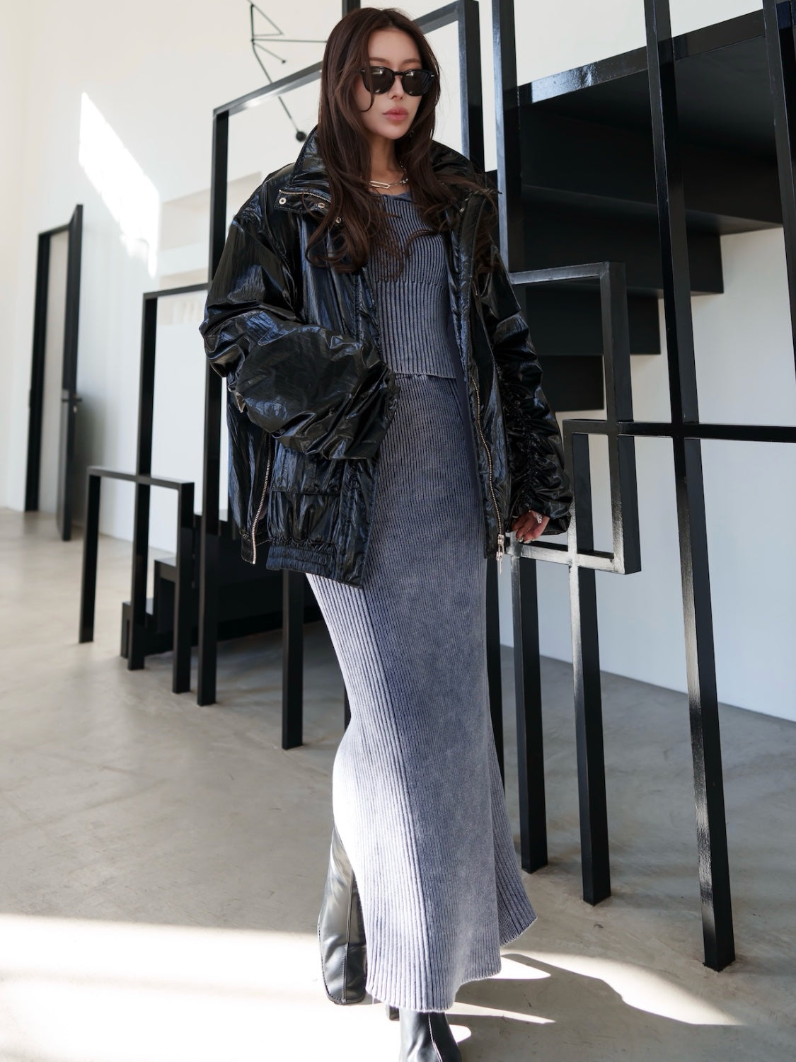 OFF-SHOULDER PIGMENT RIB KNIT SET