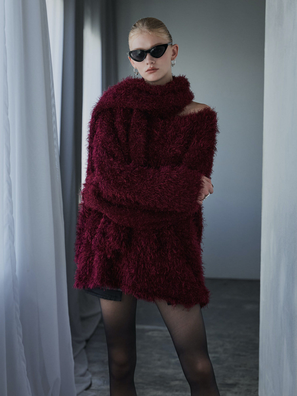 Vネック シャギーKNIT&マフラー Set