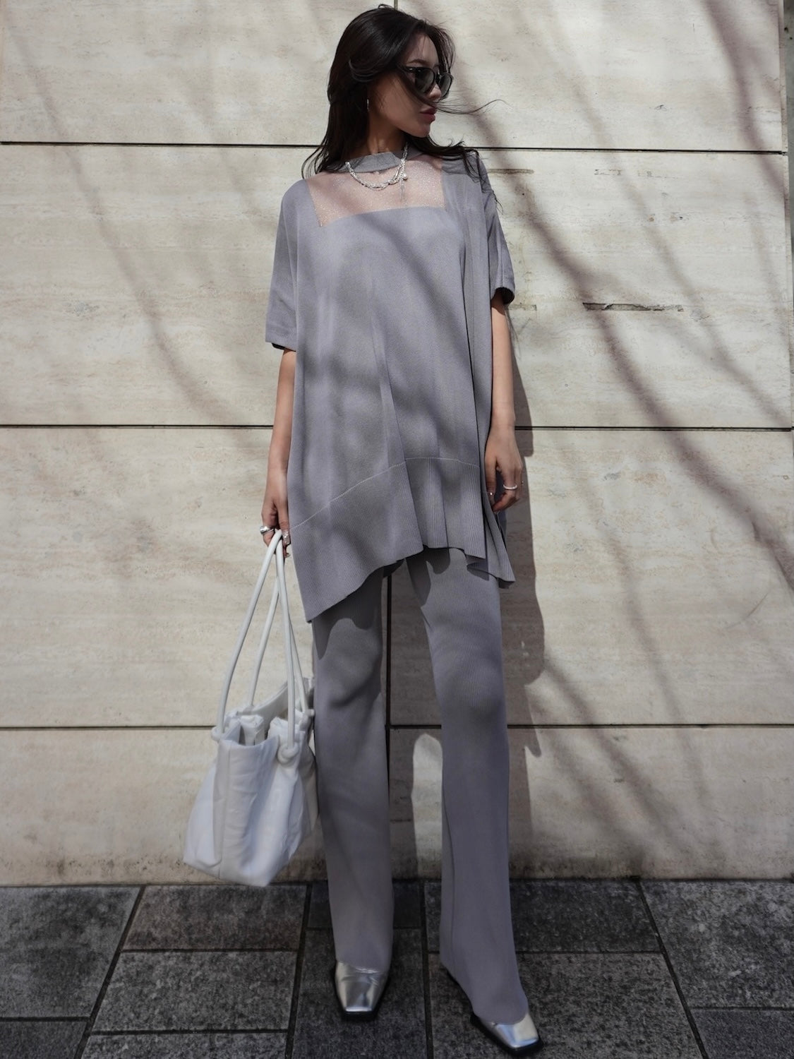 Poncho-like decollete sheer knit set